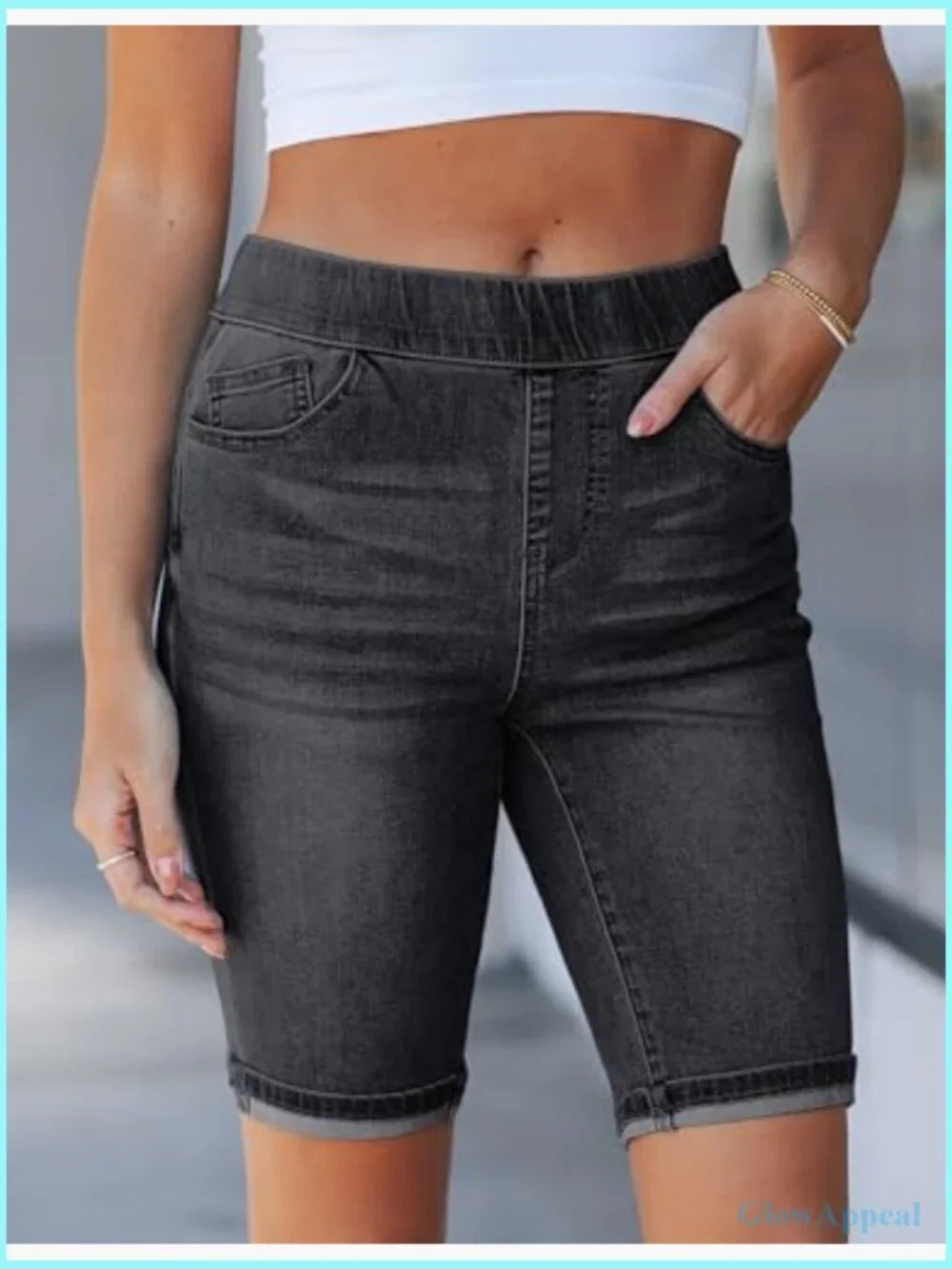High Waisted Pull On Bermuda Jean Shorts Stretchy Denim Long Shorts